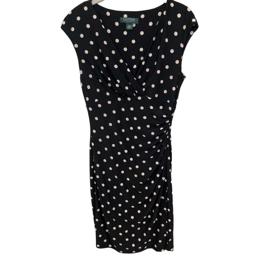 Ralph Lauren Polka Dot Faux Wrap V-Neck Stretch Jersey Dress Black Size 6
